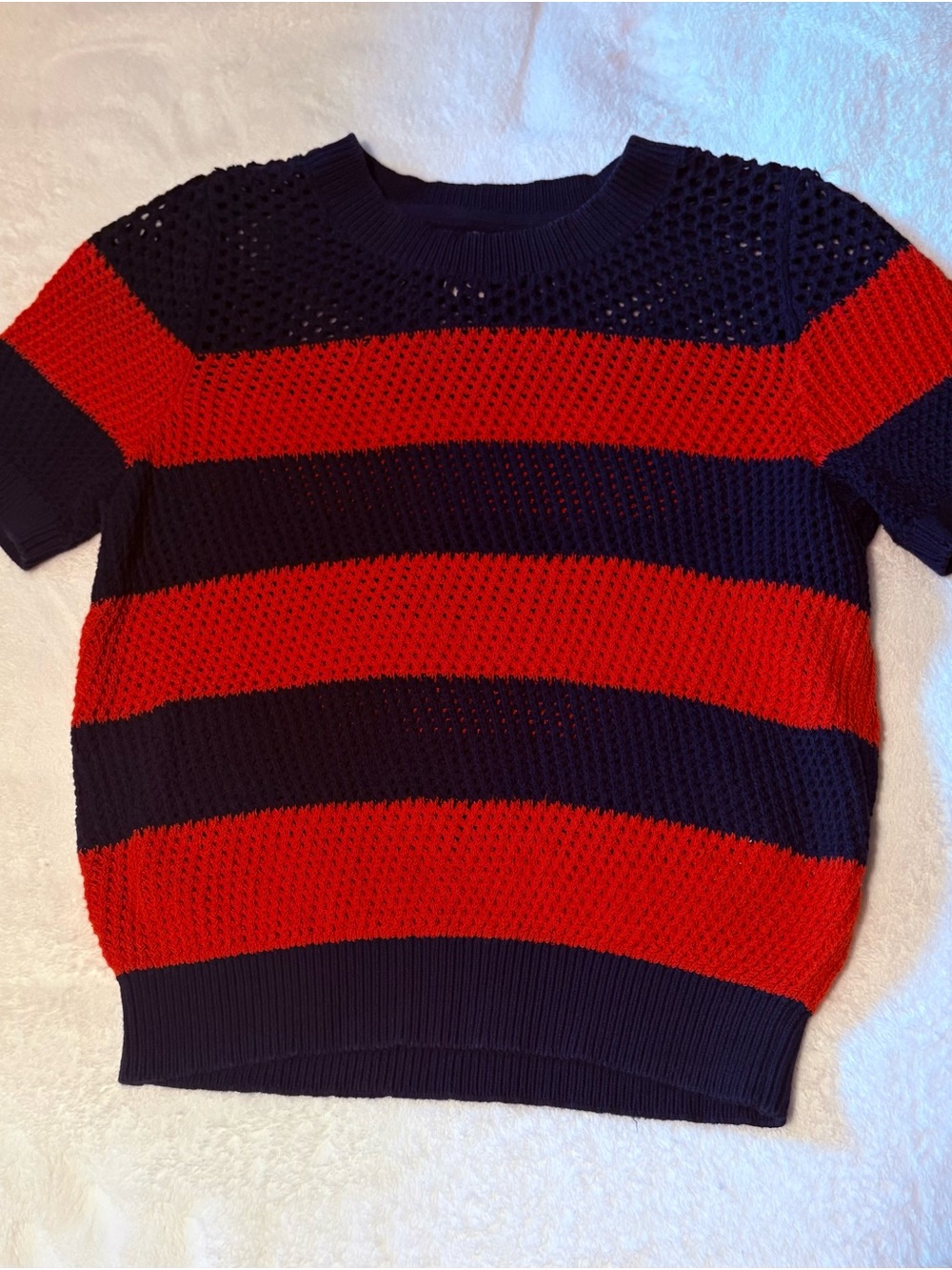 Maeve Red & Navy Open-Weave Striped Short Sleeve Sweater